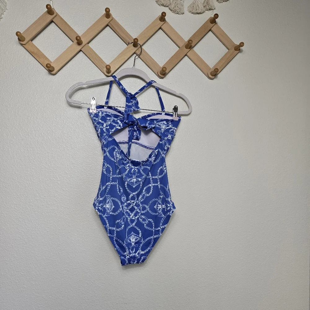 J. McLaughlin Blue Miki Halter Open Back One-Piece Halter Swimsuit Womens 6 EUC